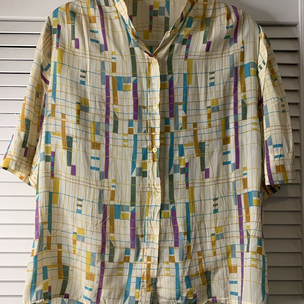 Vintage Silk Geometric Short Sleeve Button Down Shirt - Picture 2 of 5